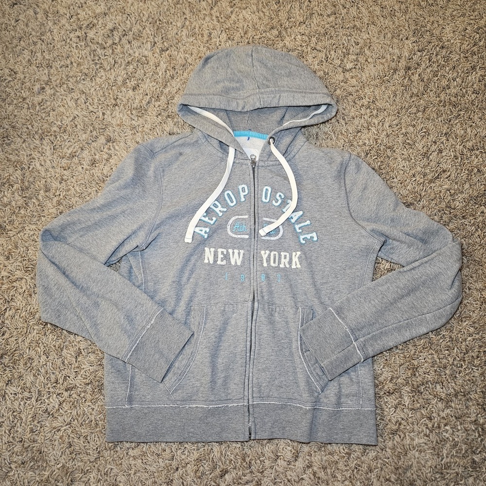 Y2K Style Aeropostale Womens‎ Grey Zip Up Hoodie Sweatshirt Size XL New York